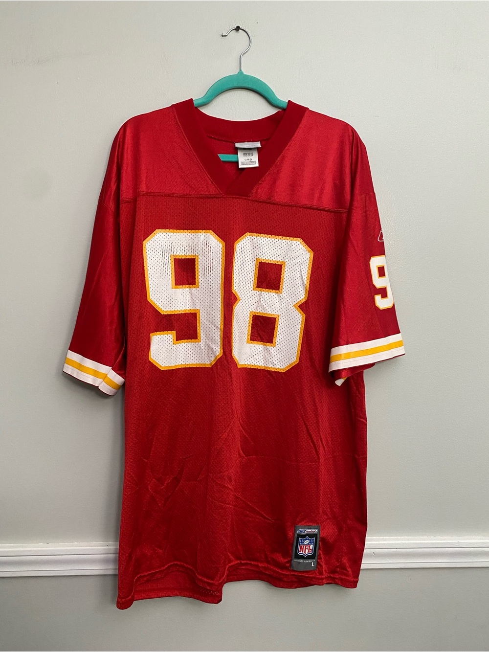Eric Hicks 98 Reebok‎ KC Chiefs Jersey - L